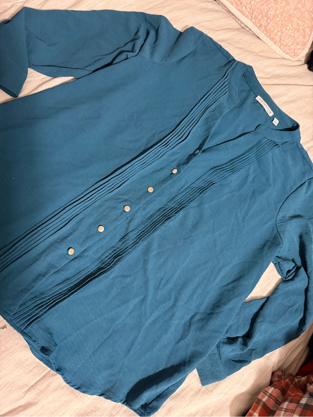 Notations Teal Pintuck Collar Blouse